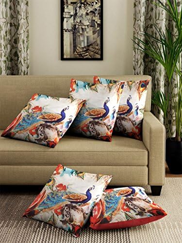 PORTIERE Velvet Digital Printed Cushion Covers Peacock Center Motif (24x24 Inches Set of 2, Multicolour)