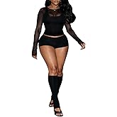 Aceilika 3 Piece Outfits for Women Sexy Sheer Mesh Long Sleeve Tops with Tank Bodycon Short Sets and Calf Sleeve
