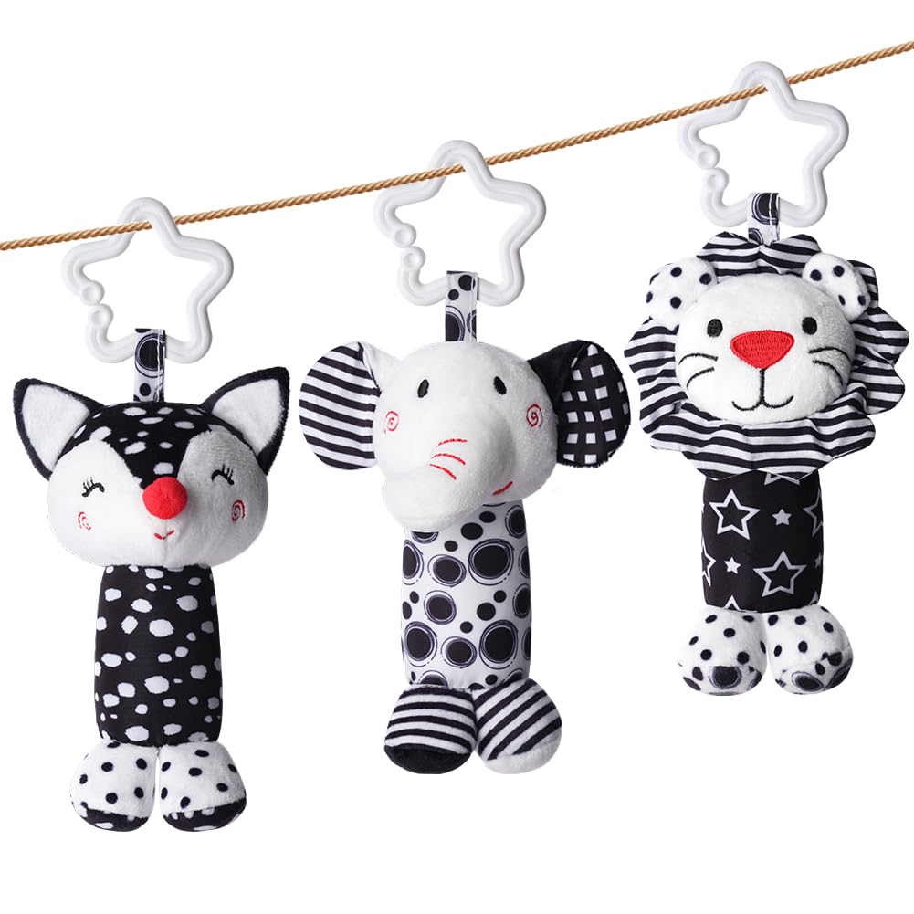 Aolso 3 Pack Clip on Pram Baby Toys, Sensory Toys for Newborn Development, Hanging Rattle Toys, Early Education Toys for Newborns 0+ Months, Kids Car Seat Toys with Black and White Cartoon Shapes — image 1