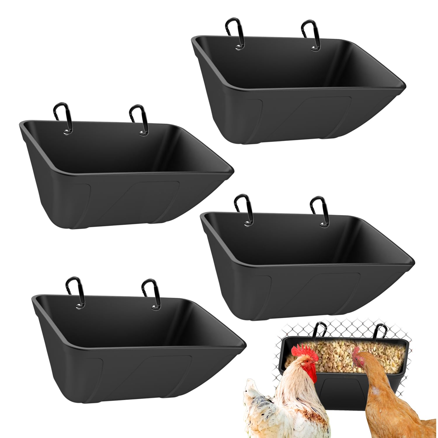 Photo 1 of Chicken Feeder Hanging Feed Trough Waterer Bucket for Duck Goose Goat Sheep Dog Poultry & Small Livestock in Coop & Farm Goat Supplies Feeder (4, Black)