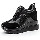 MIEHUIAI Platform Sneakers for Women High Hidden Heel Wedge Sneakers Fashion Leather Chunky Lace up Wedge Tennis Shoes Increasing 3.94 inch