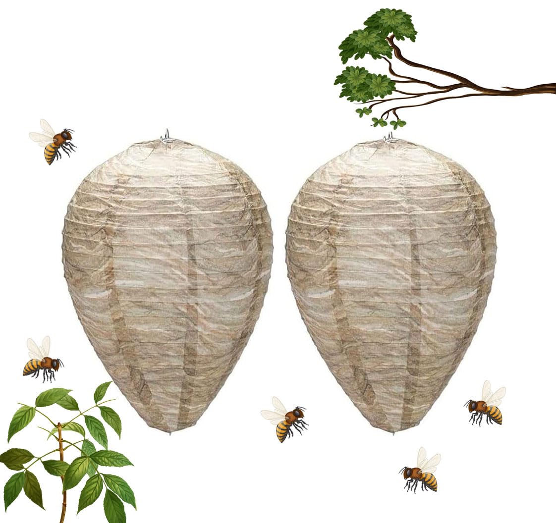 LATRAT 2 Pieces Hornet Nest Dummy, Waterproof Wasp Nest Decoy, Hanging False Wasp Nest for Repelling Wasps from Home and Garden