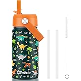 Fimibuke Kids Insulated Water Bottle, 14oz BPA FREE 18/8 Stainless Steel Travel Tumbler Double Wall Vacuum Leak Proof Kids Cup with Straw Metal Bottles for School Boys Girls (1 Pack, Green Dinosaur)