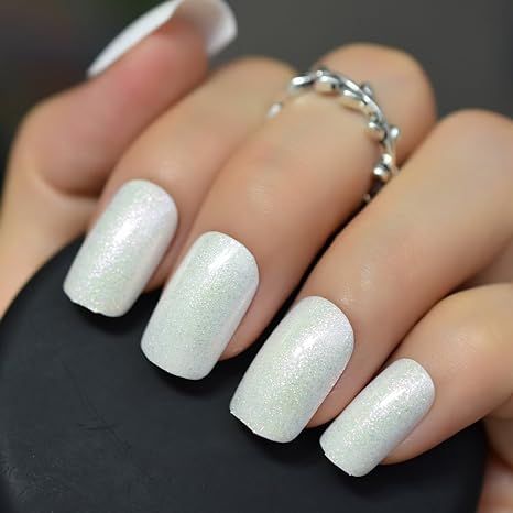 EchiQ - uñas postizas de color blanco con purpurina y brillantes, diseño de uñas postizas