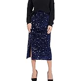 Dwirapal Women’s Sequin Velvet Skirt Elastic High Waist Sparkle Split Hem Night Out Party Maxi Skirt