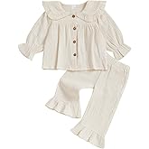 POZMTIORE Toddler Baby Girls Cotton Outfit Solid Color Doll Collar Button Up Tops And Bell Bottom 2Pcs Set