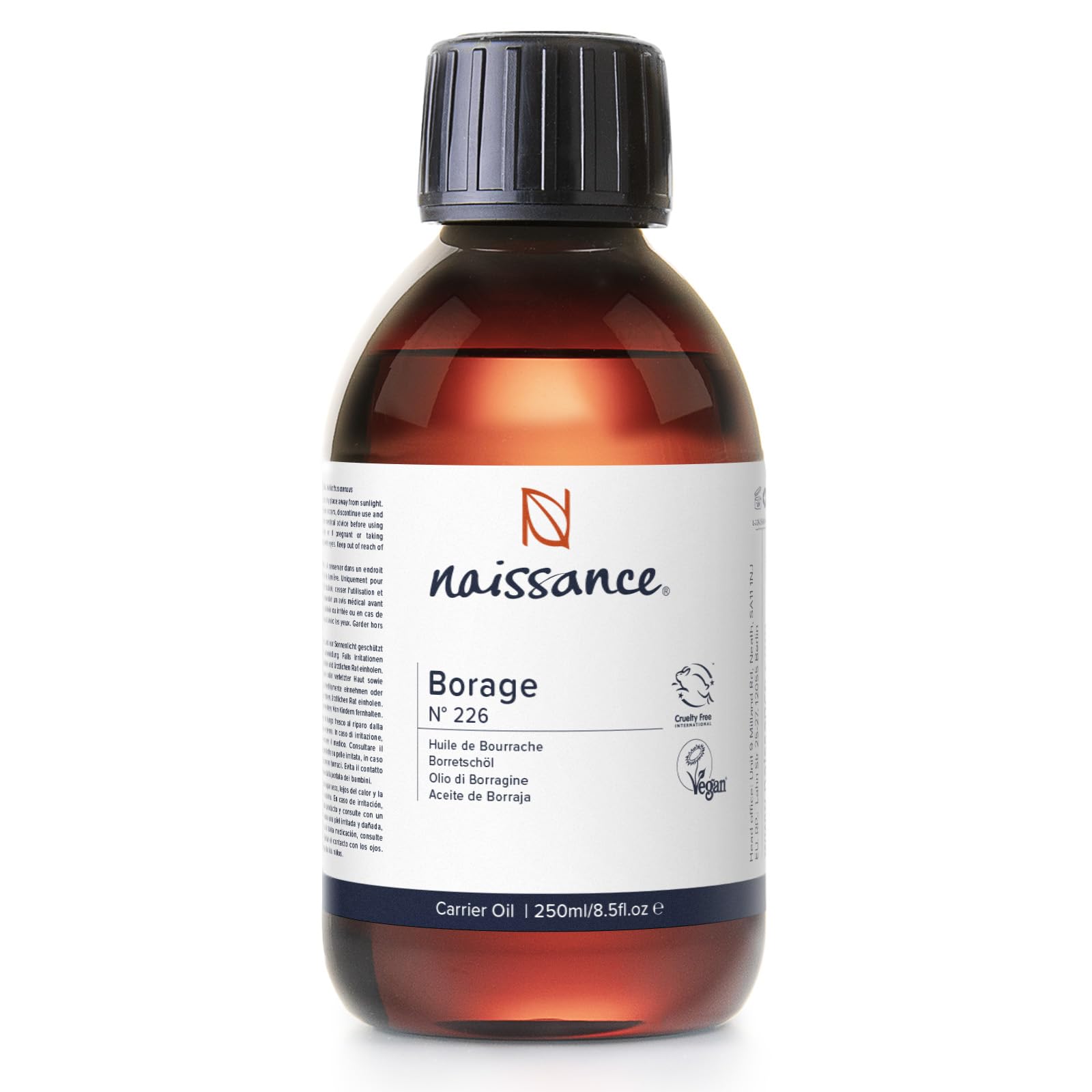 Naissance Virgin Borage (Starflower) Seed Oil (No. 226) - 225ml - Naturally High in GLA (Gamma-Linolenic Acid) - for Skin, Face, Body, Hair, Massage, Vegan