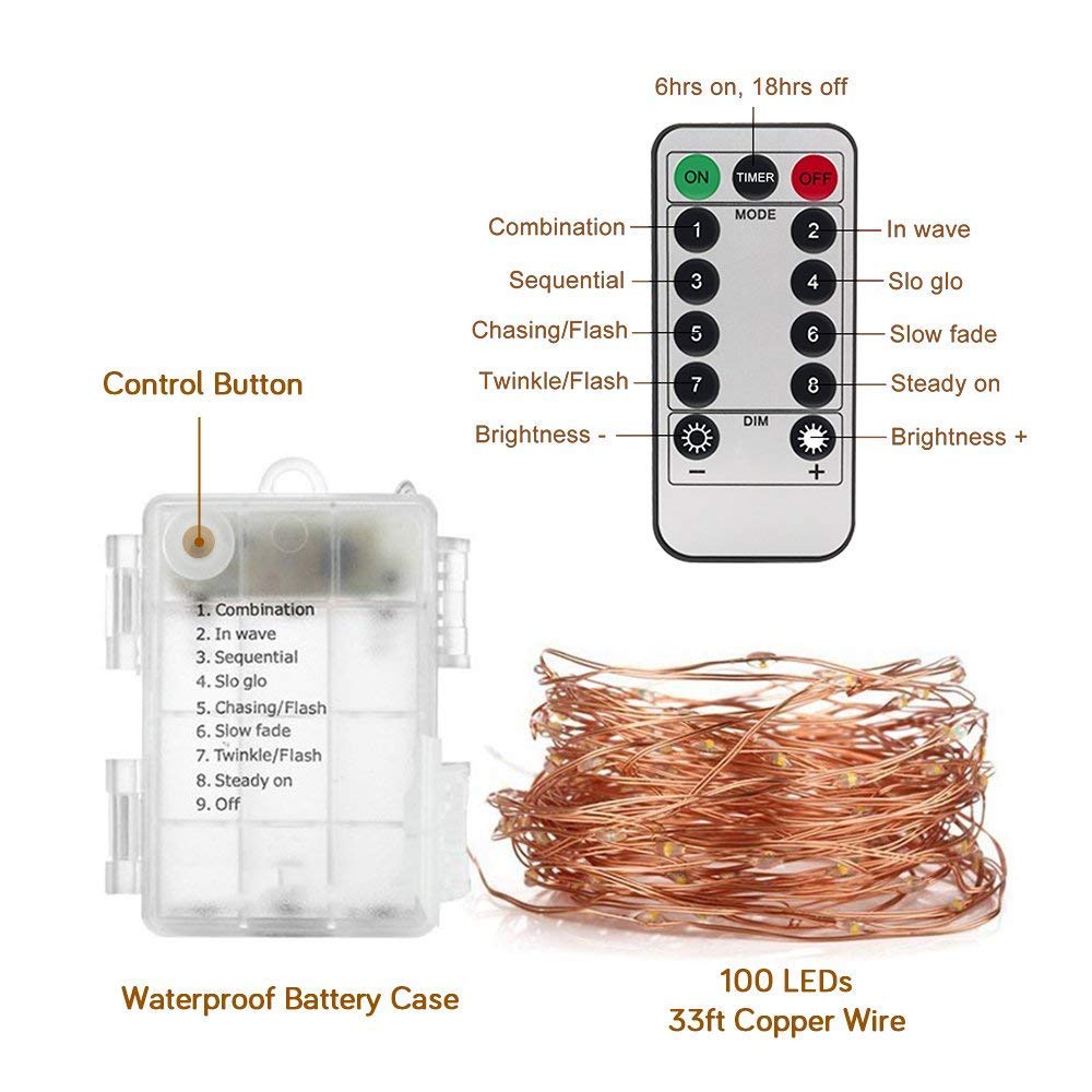 Elebor LED Fairy Lights, 2 Packs 33ft 100LED Remote Control Waterproof Deco Rope Lights Battery Operated String Lights Copper Wire Lights for Christmas (Warm)