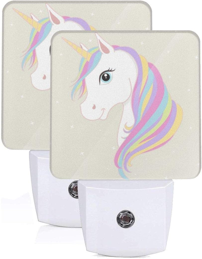 KiuLoam 2 Pack Plug-in LED Night Light Lamp with Light Sensor,White Unicorn Magic Printed Dusk to Dawn Sensor for Bedroom Bathroom Hallway Stairways