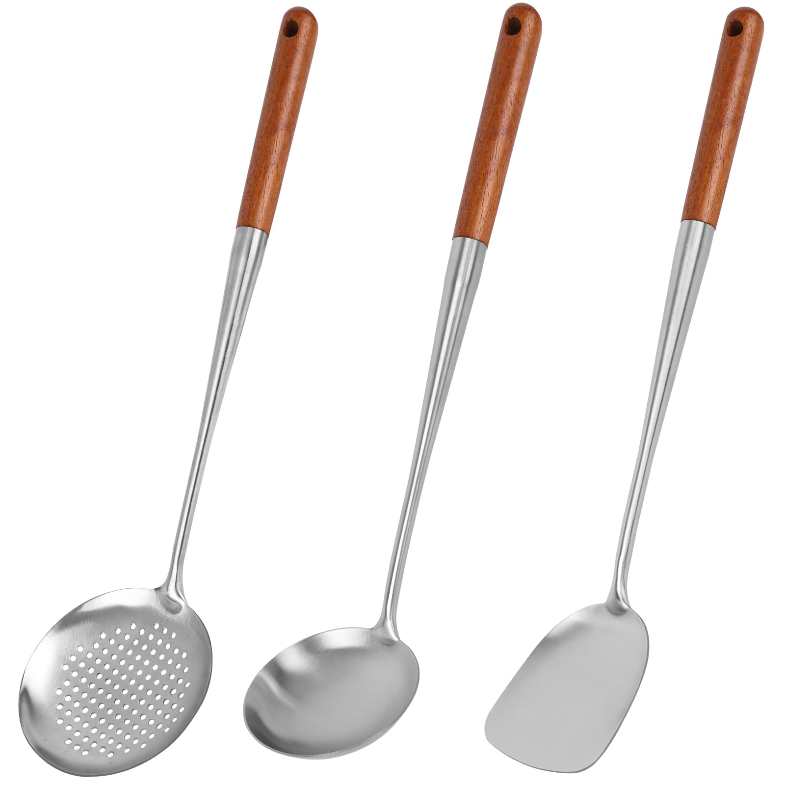 Photo 1 of HANSGO Wok Spatula and Ladle, 17 Inch Cooking Utensils with Wooden Handle, Wok Utensils Include Spatula, Ladle and Skimmer Slotted Spoon