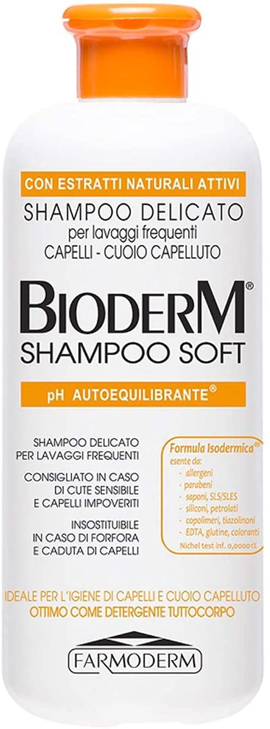BIODERM BIODERMOCOSMETICI Shampoo Soft - Sensitive Scalp Shampoo | Anti-dandruff, Seborrheic Dermatitis and Itchy Scalp Treatment | Scalp Moisturiser for Everyday Use | Paraben-Free and Cruelty-Free | 500 ml, White, orange