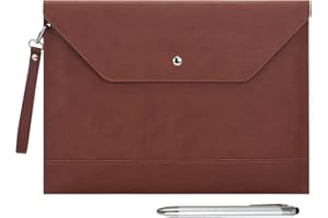Wonderpool A4 File Jacket File Pocket PU Leather Envelope Case Folder Document Case Bag with Removable Hand Strap and 4 Pocket for Documents Tablet Phone Stationery (Coffee)