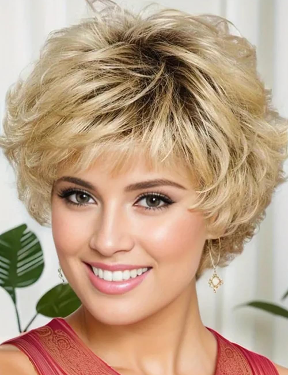 Photo 1 of TISHINING Short Blonde Curly Wigs for White Women Layered Ombre Blonde Pixie Cut Wig with Bangs Natural Looking Synthetic Full Wigs for Daily Party