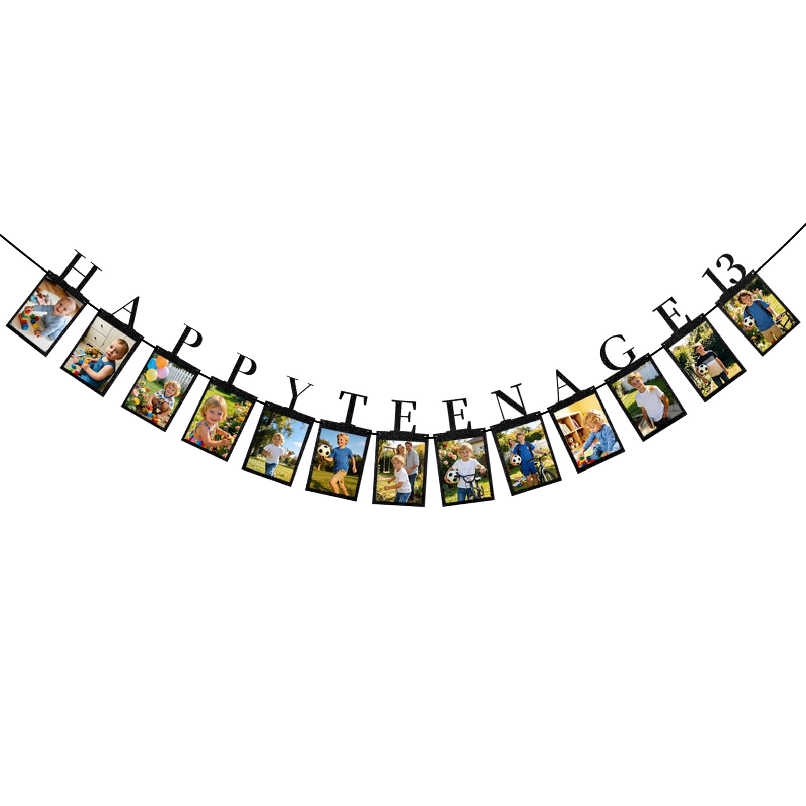 NETFLO 13th Birthday Party Decorations for Girls Boys Kids Birthday Photo Banner for Teenage Growth Milestone Wall Hanging with Adhesive and String Garland for Party Supplies (Black)