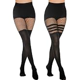 MANZI Faux Thigh High Tights Mock Suspender Pantyhose Striped Goth Fishnets Pack of 2