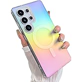 Heaofei Cute Case for Samsung Galaxy S25 Ultra Case for Women Girls [Compatible with Magsafe] Glitter Sparkly Girly Aesthetic Rainbow Magnetic Protective Cover, Translucent Iridescent Blue & Pink