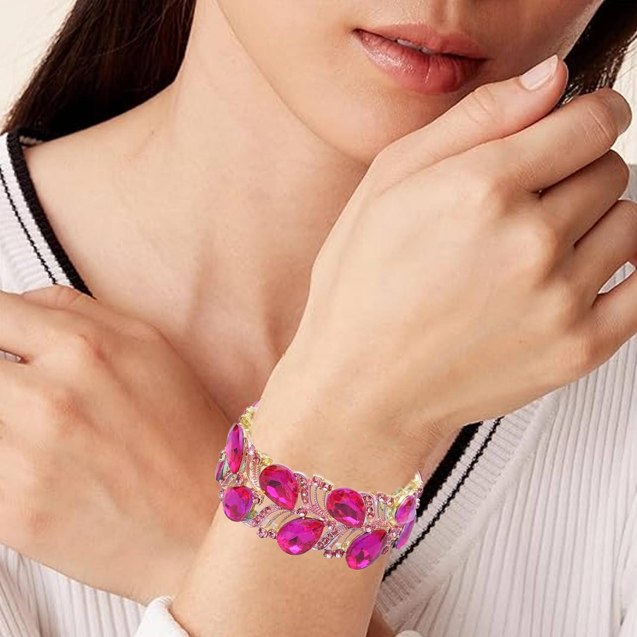 CSY Elegant Stretch Bangle Bracelets Bridal Art Deco Teardrop Crystal Elastic Wide Statement Bracelet for Women Party Prom