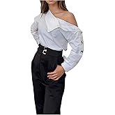 GORGLITTER Women's Casual Dressy Asymmetrical Neck Blouse One Shoulder Button Long Sleeve Dressy Business Shirt
