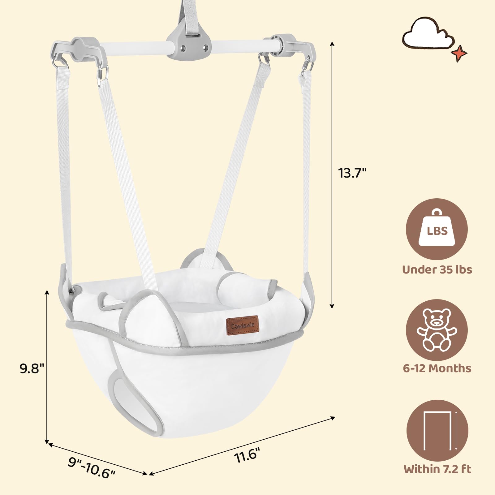 Cowiewie Door Jumper for Baby with Adjustable Seat and Strap, Fun Activity for 6-12 Months Baby Infant, Ultra Soft Flannel, White