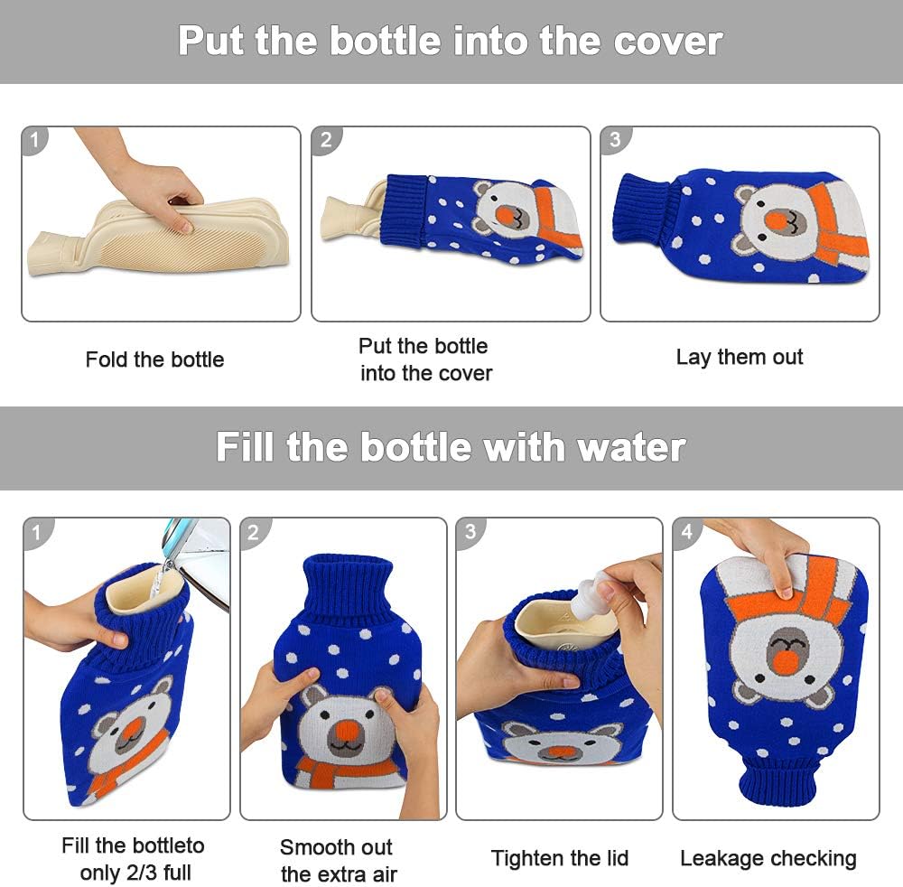 Hot Water Bottle with Knit Cover - Natural Rubber Hot Water Bag BPA Free Durable with Two Replaceable Knit Cover Great for Pain Relief Keep Warm Hot and Cold Therapy(2 Liter): Health & Personal Care