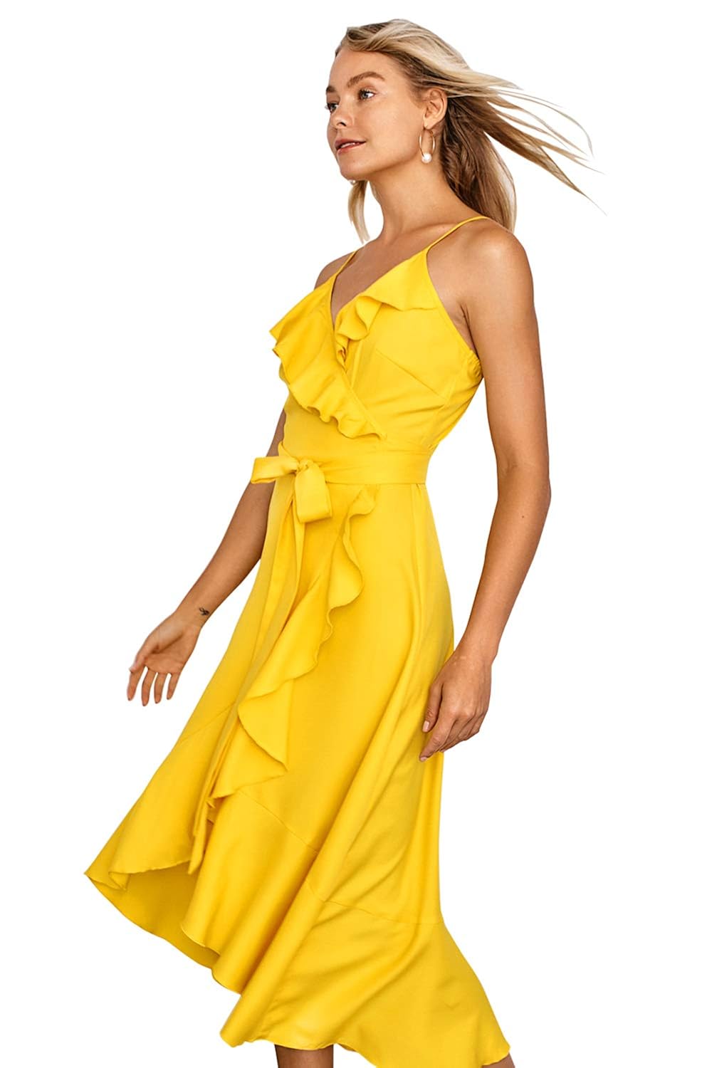 yellow wrap midi dress