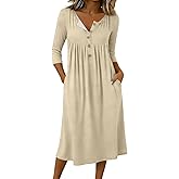 3/4 Sleeve Womens Dress Casual Flowy A-Line Midi T-Shirt Dresses with Pockets Crewneck Vocation Boho Beach Sundress