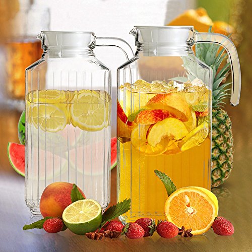Set of 2 Glass Pitchers with Lid and Spout, 1.8 Liters Ribbed Design Fridge Door Water Dispenser with Handle for Chilled Beverages, Homemade Juice, Iced Tea - Thumbnail 4