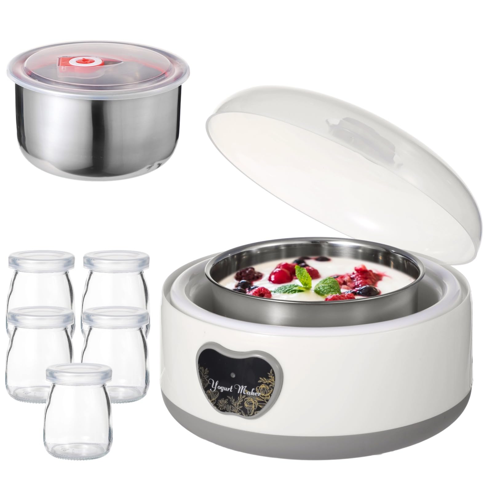 Photo 1 of 15W Yogurt Maker Machine, 1.2 L Automatic Stainless Steel Yogurt Maker with 5 Tight Seal Glass Jars, Auto Constant Temperature, PTC Heating, Home Yogurt Machine, Healthy Present