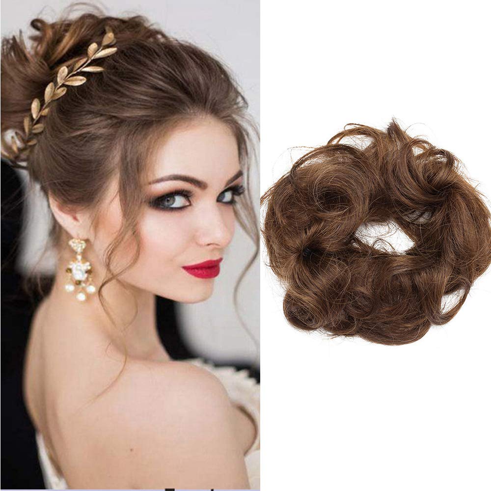 Silk-co Human Hair Messy Bun Scrunchy Scrunchie Updo Curly Hair Ribbon Ponytail Extensions Donut Chignons Hair Peice#04 Medium Brown — image 1