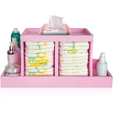 Busidhji Diaper Caddy Organizer, Changing Table Organizer, Wooden Diaper Organizer for Nursery, Baby Diaper Storage Organizer with Removable Dividers (Pink, Rectangular Size)