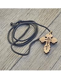 Collar de cruz de madera de olivo con diseño de Belén de San Nicolás en bolsa de algodón y cruz para hombres y mujeres