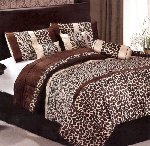7 Pcs Exotic Safari Leopard Zebra Print Micro Fur Comforter Set