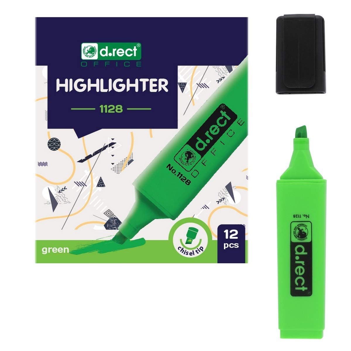D.RECT 1128 Chisel Tip Highlighters Green Pack of 12