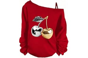 Women’s Off Shoulder Graphic Sweatshirt Cherry Print – Casual Loose Fit Long Sleeve Top for Daily Wear Vacation Outfit