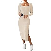 ETCYY NEW Womens Fall Dresses Square Neck Knitted Elastic Basic Spring Bodycon Versatile Slit Dress