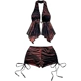 GORGLITTER Women's 2 Piece Outfits Summer Tie Dye Backless Asymmetrical Halter Top and Drawstring High Waist Shorts Set