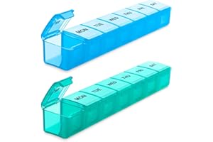 BUG HULL Weekly Pill Organizer Large 2 Packs, Extra Large Travel Pill Organizers, Pill Box 7 Day, Travel Pill Case, Medicine Pill Organizer for Vitamins, Supplements and Medications (Blue+Green)