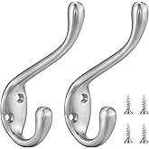 Jukzi Coat Hooks 5 Pack - Heavy Duty Wall Mounted Brushed Nickel Door Hooks Double Prong Hooks for Hanging Clothes/Towels - Sturdiness Design with Better Mounting System