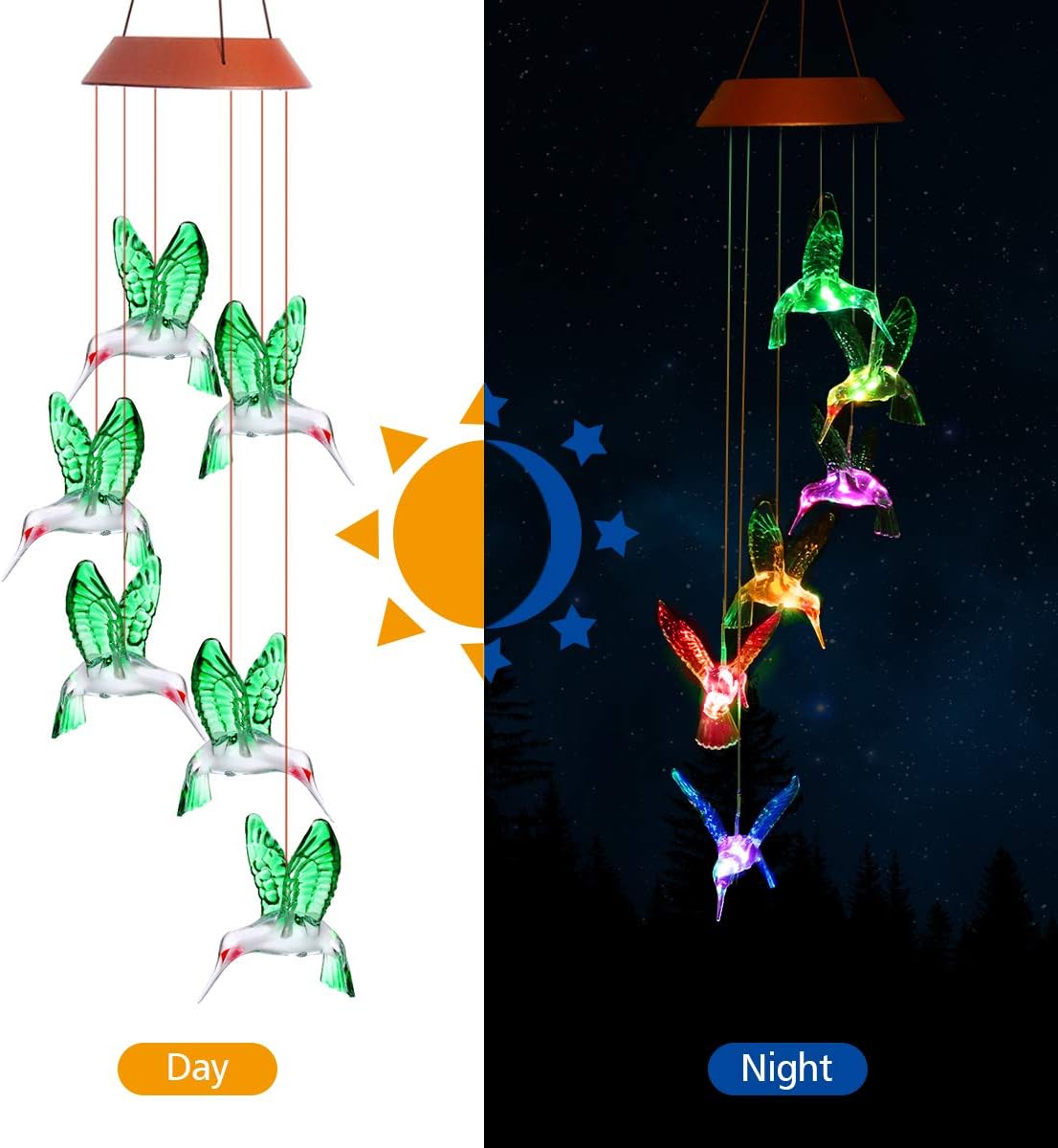 Solar Hummingbird Wind Chimes, PATHONOR Color Changing Solar Wind Chime Outdoor Mobile Waterproof Six Hummingbird LED Solar String Lights Gifts for Home Party Night Garden Hanging Decoration : Garden & Outdoor