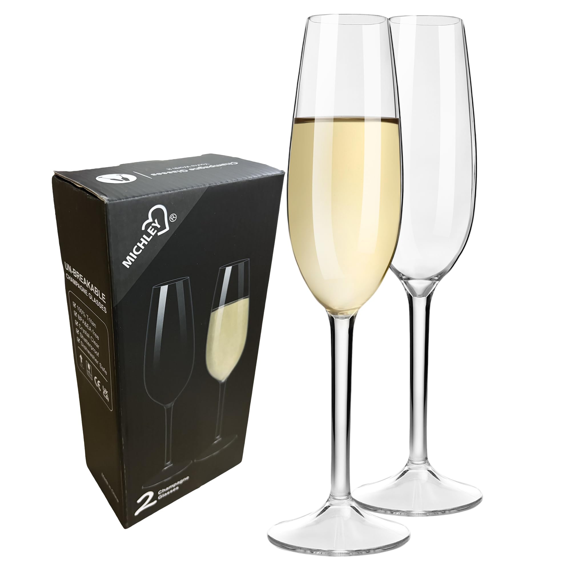 COOKY.D Reusable Tritan-Plastic Champagne Flutes Unbreakable Plastic Dishwasher Safe Glassware Wedding Anniversary Birthday Party Gift-226ML/7.3oz,Set of 2