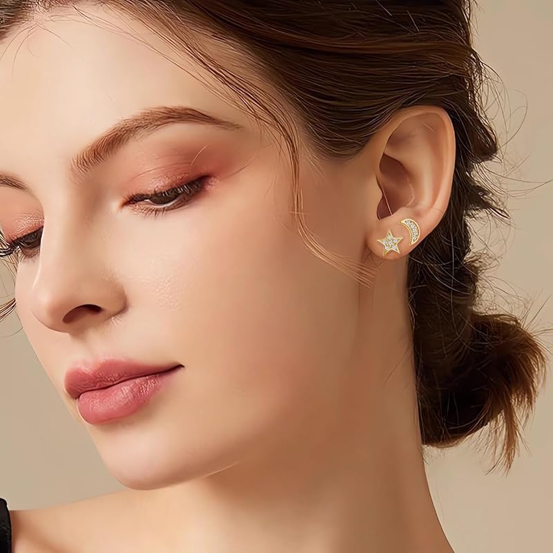 Brincos de prata para mulheres, prata esterlina 925, hipoalergénicos, em forma de coração, estrela, lua, com zircónia, brincos modernos de cartilagem de 8mm com caixa de presente — foto 6 de 7