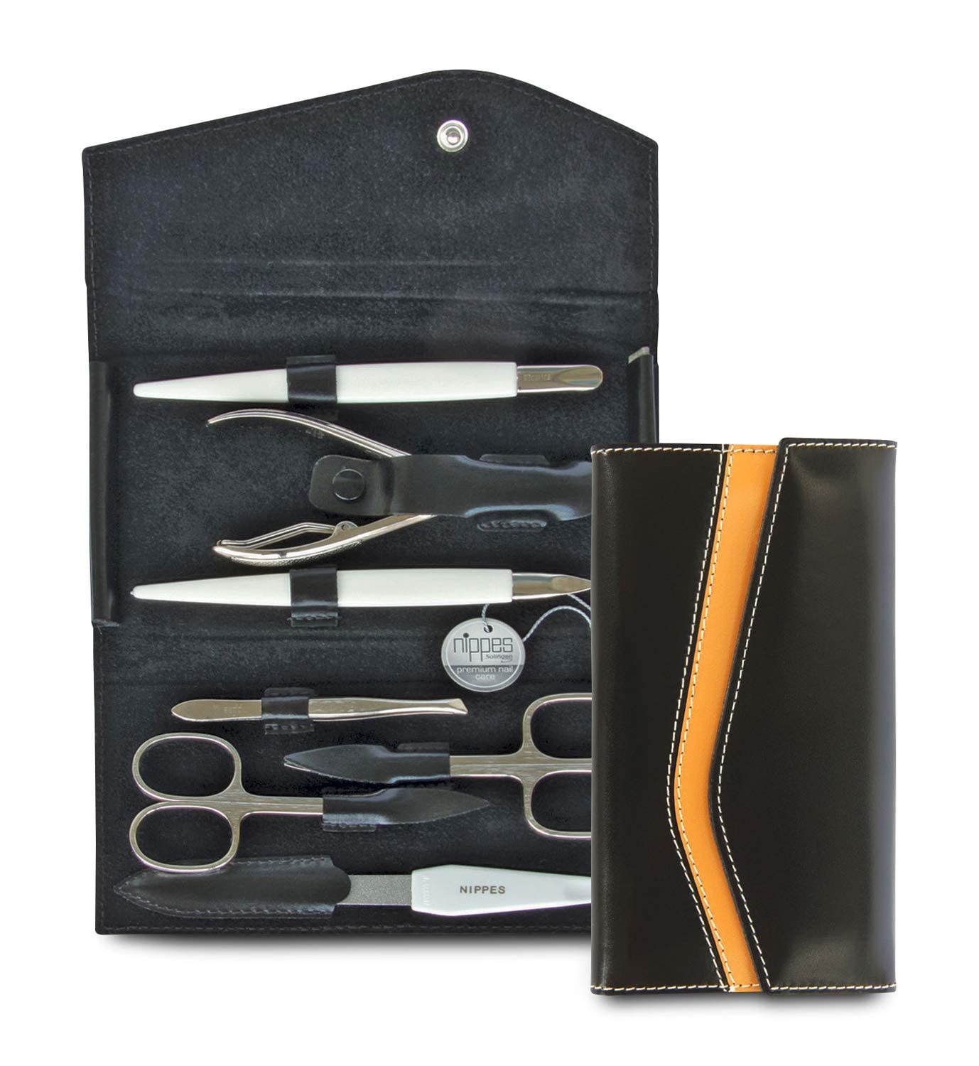 Nippes Solingen Manicure Set 7 Pieces Genuine Cowhide Leather Case with Press Stud Fastener Nippes Premium Line Black/Brown
