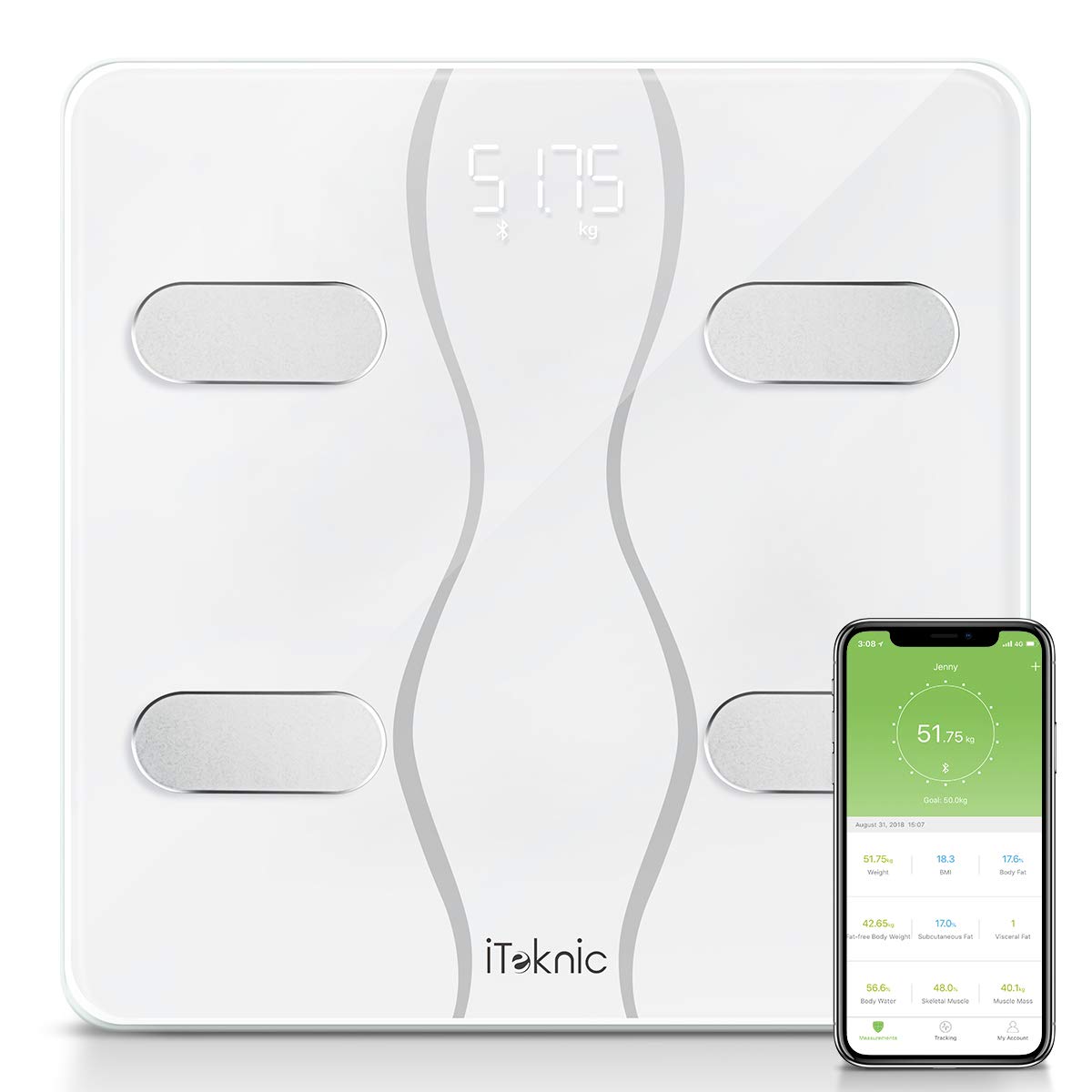 iTeknic Báscula Inteligente Multifunciones con Bluetooth Puede Conectar con Smartphone Compatible la Sistema de Andriod 4.3 y IOS 8 o Superior con Tecnología BIA Detectar y Analizar los 13 Datos de su Cuerpo (Agua,Caloría,Peso,Grasa,BMR y e