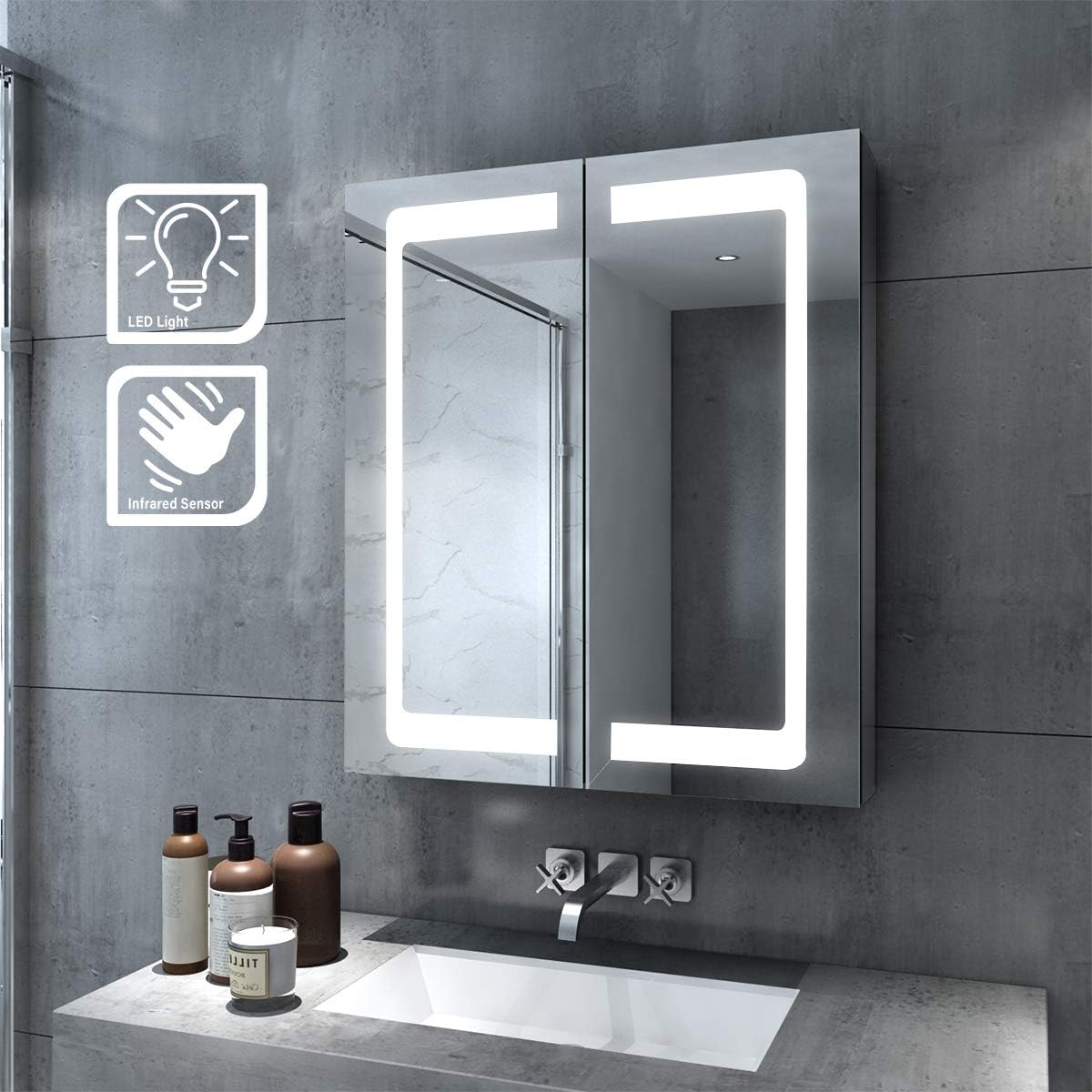 Elegant Bathroom Mirror Cabinet With Lights 60cm Led Mirror With Shelf Wall Mounted Illuminated Bathroom Mirror Cabinets Stainless Steel Amazon Co Uk Kitchen Home