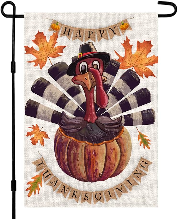 Flags - Happy Thanksgiving Turkey Fall Garden Flag 12 x 18 Inch Burlap Vertical Double Sided, Maple Leaf Autumn Pumpkin Yard Outside Decor DF105