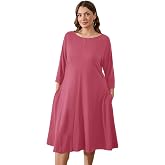 AusLook Plus Midi Dress for Women 3/4 Sleeves Crew Neck A Line Casual Elegant Loose Wedding Guest Vacation Dress with Pocket