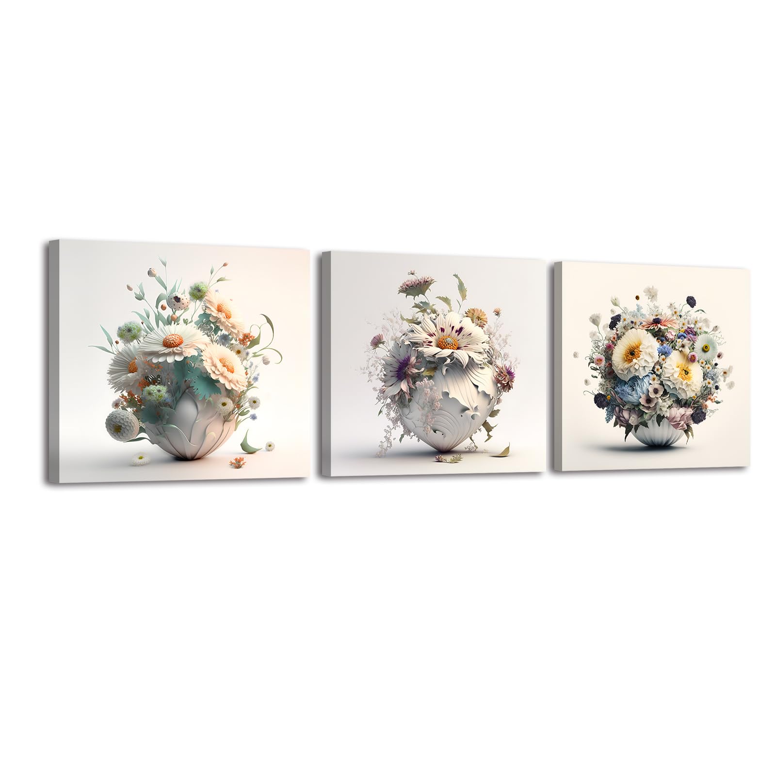 Piy Painting 3 parts Elegant Vase with Floral Pattern Canvas Painting Flower Canvas Art Prints for Living room Yoga room 12x12in, with Inner Wood Frame