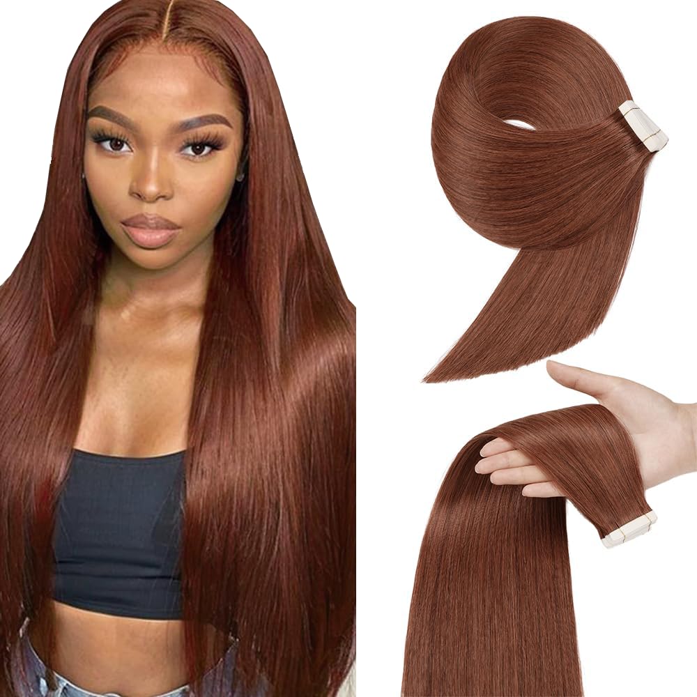 Photo 1 of #33 Reddish Brown Tape in Extensions Human Hair 18 Inch Copper Red Straight Tape in Seamless Extensions Human Hair Skin Weft Seamless Invisible Unprocessed Virgin Remy Hair 45g 10 Pcs
