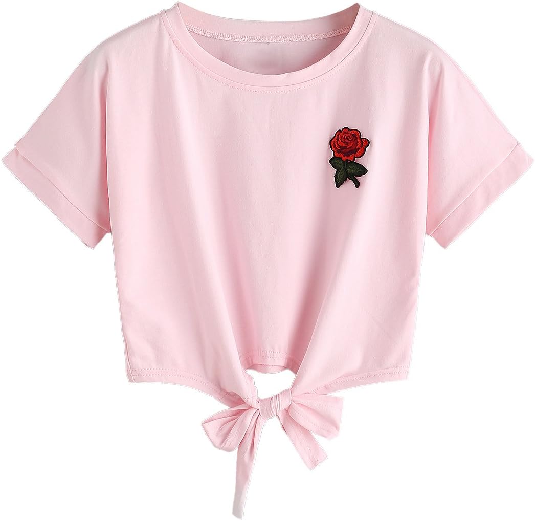 Choies Women's Short Sleeve Crop Top Round Neck Tie Front Summer Cotton Tshirt Belly Tops