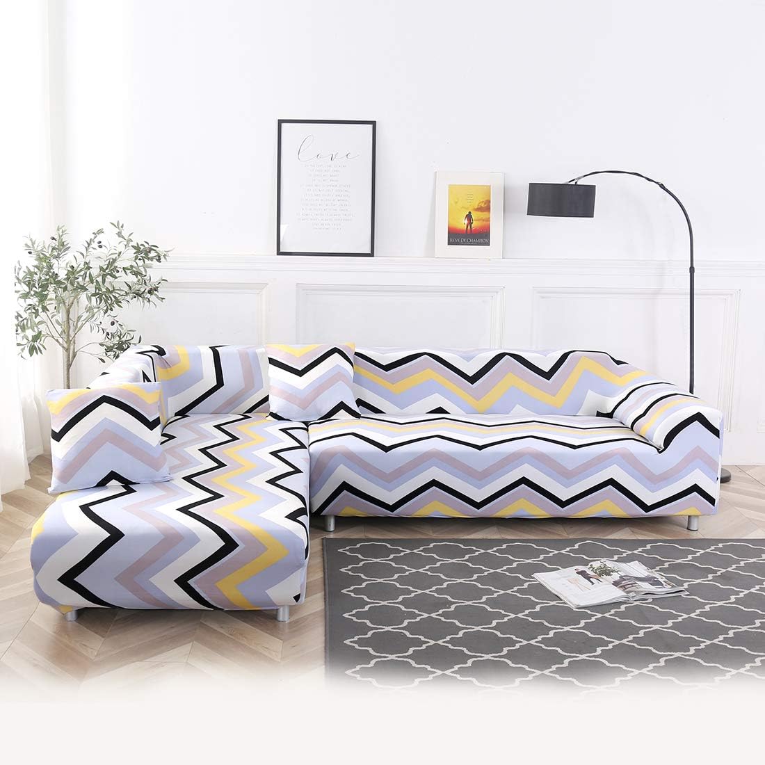 OSISLE High Elastic Printing Polyester L-Shaped Sofa Cover Non-Slip Sofa Cover; 2PCS Elastic Sleeve Sliding Cover + 2 Pillow Cases(L-Shape 3+2 Seats) (BC010)